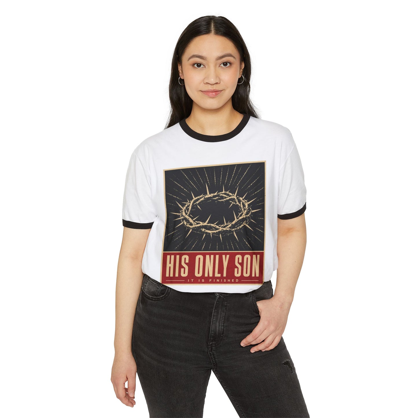 His Only Son Ringer Tee — Christian Crown of Thorns Graphic T-Shirt