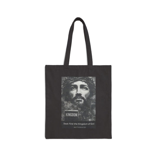 Jesus Portrait Tote Bag — "Seek First the Kingdom of God" Inspirational Canvas Tote