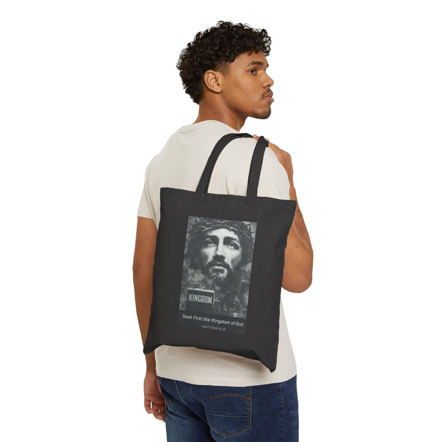 Jesus Portrait Tote Bag — "Seek First the Kingdom of God" Inspirational Canvas Tote