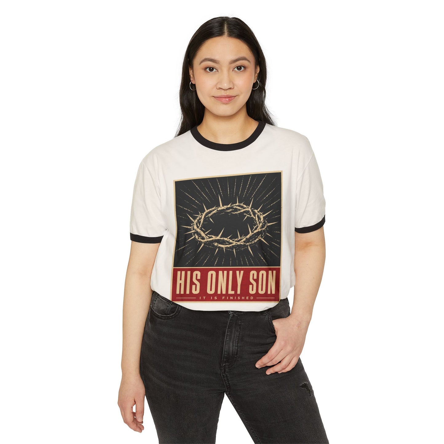 His Only Son Ringer Tee — Christian Crown of Thorns Graphic T-Shirt