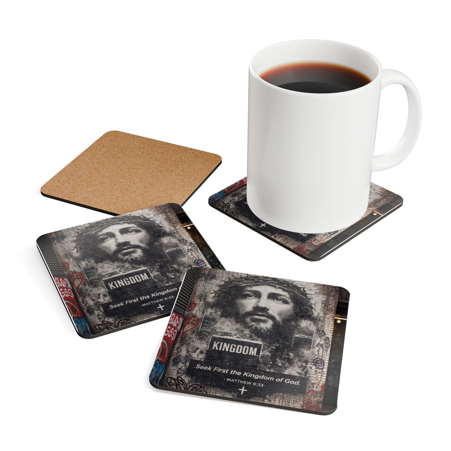 Cork Coaster Set — 'KINGDOM: Seek First the Kingdom of God' Christian Jesus Drink Coasters (Set)