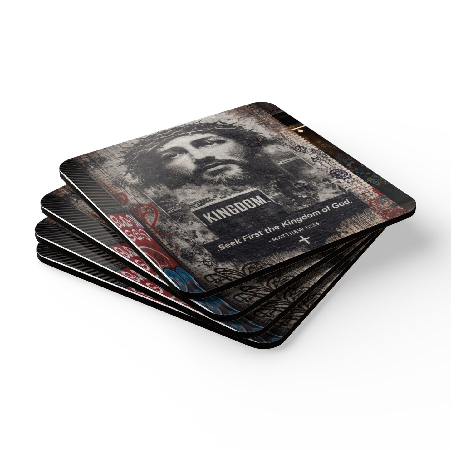 Cork Coaster Set — 'KINGDOM: Seek First the Kingdom of God' Christian Jesus Drink Coasters (Set)